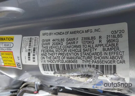 2020 Honda Accord Sport из США, поврежденный, VIN 1HGCV1F32LA080455